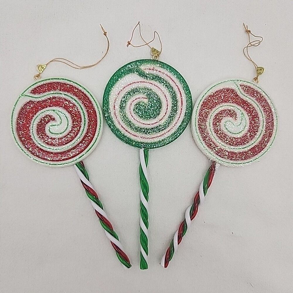 Ornament 3 Lollipop Glitter Swirl Candy Sugar Pop Sweet Tooth Christmas Vintage